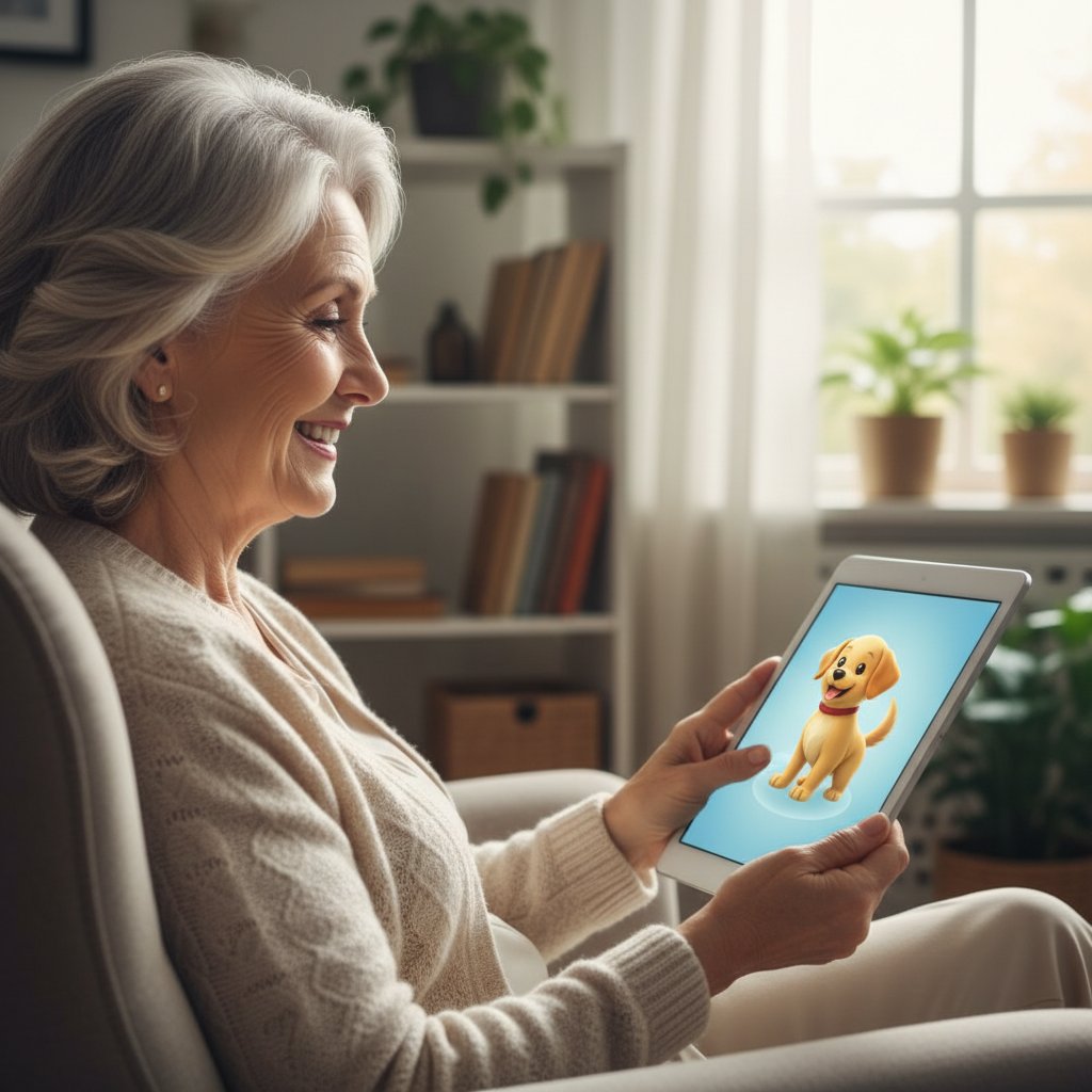 Starsza kobieta z tabletem, uśmiecha się do wirtualnego psa na ekranie