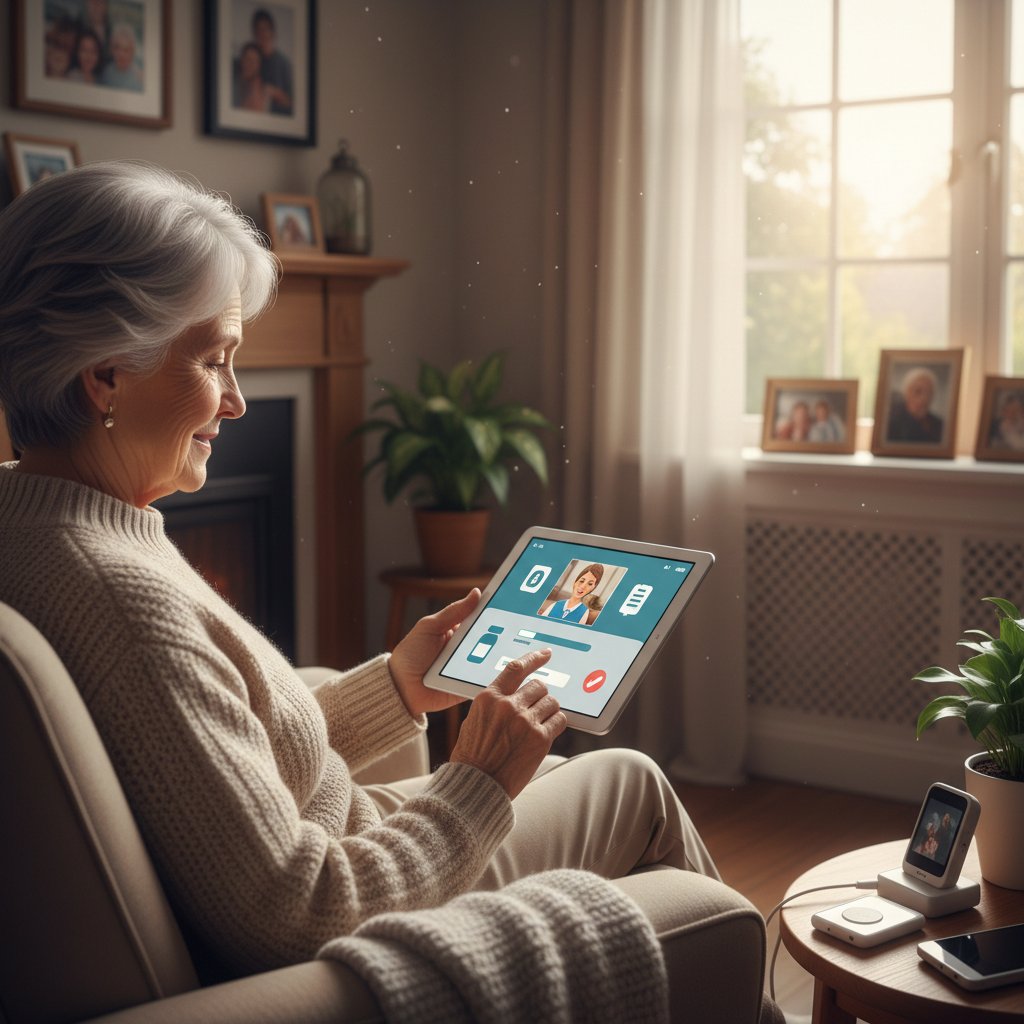 Starsza kobieta korzystająca z tabletu, nowoczesne technologie w opiece geriatrycznej