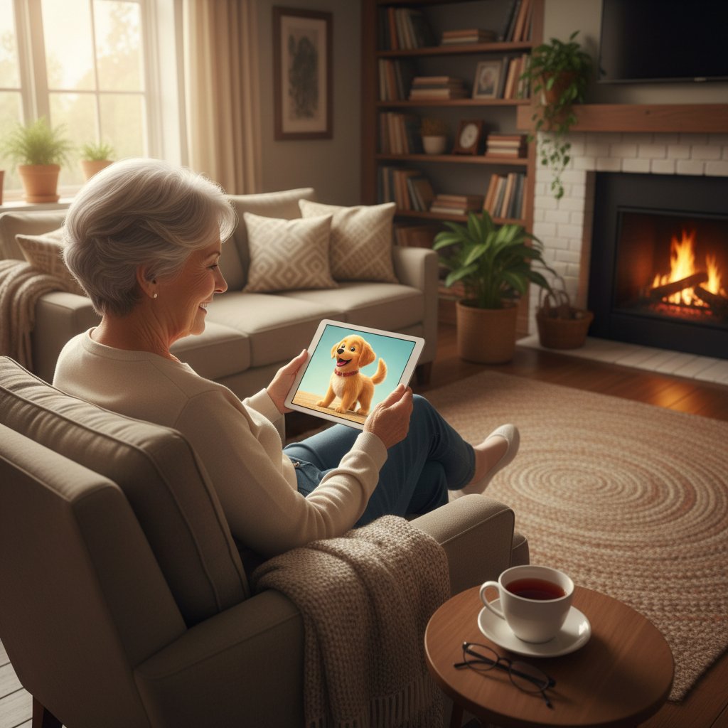 Seniorin spielt mit virtuellem Hund auf Tablet in gemütlicher Wohnzimmerecke, Ausdruck von Freude