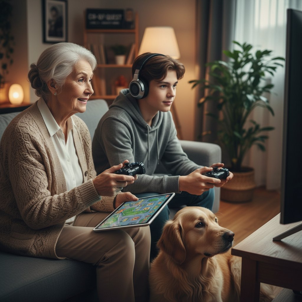 Starsza kobieta i nastolatka grają wspólnie z psem online, nowoczesny salon, atmosfera rodzinnej więzi