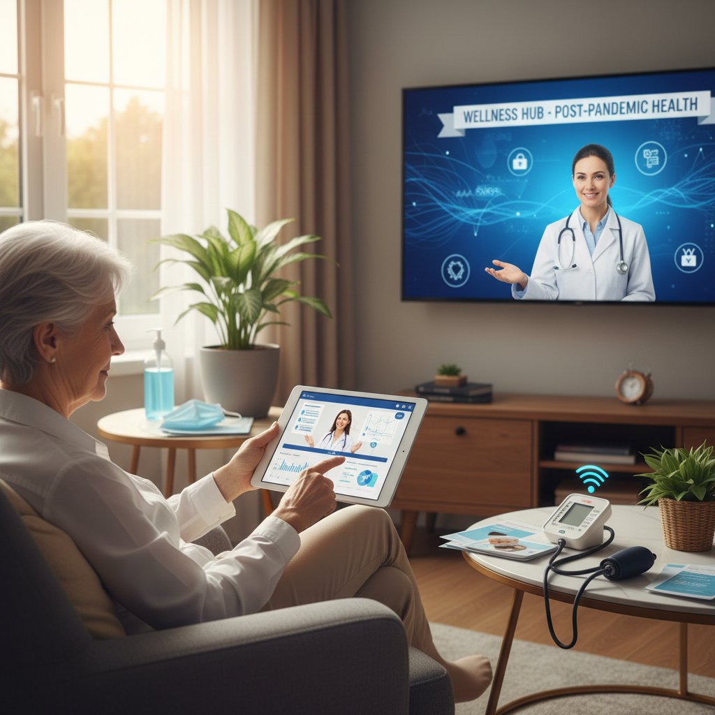 Starsza kobieta podczas wideoporady medycznej w domu – zmiany w szukaniu informacji o leczeniu po pandemii