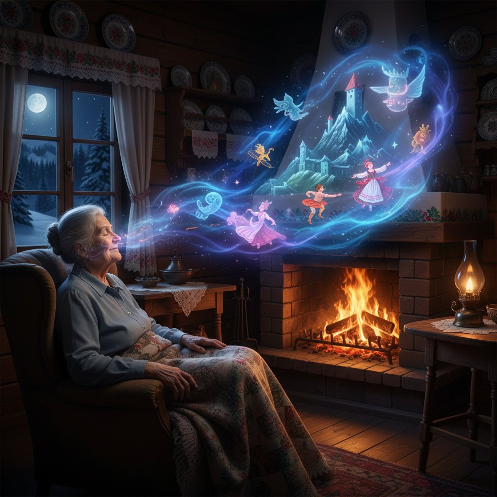 Starsza kobieta opowiadająca wnukowi sny, tradycyjny polski dom nocą, klimat fazy REM