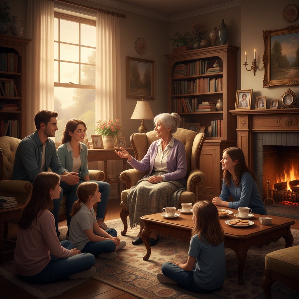 Starsza kobieta opowiadająca swoją historię uzdrawiania, wyraziste emocje, rodzina w tle, domowy klimat