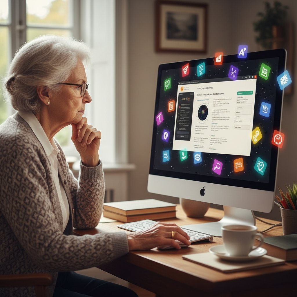 Starsza kobieta z zamyśloną miną przed komputerem, z rozmazanymi ikonami aplikacji edukacyjnych w tle