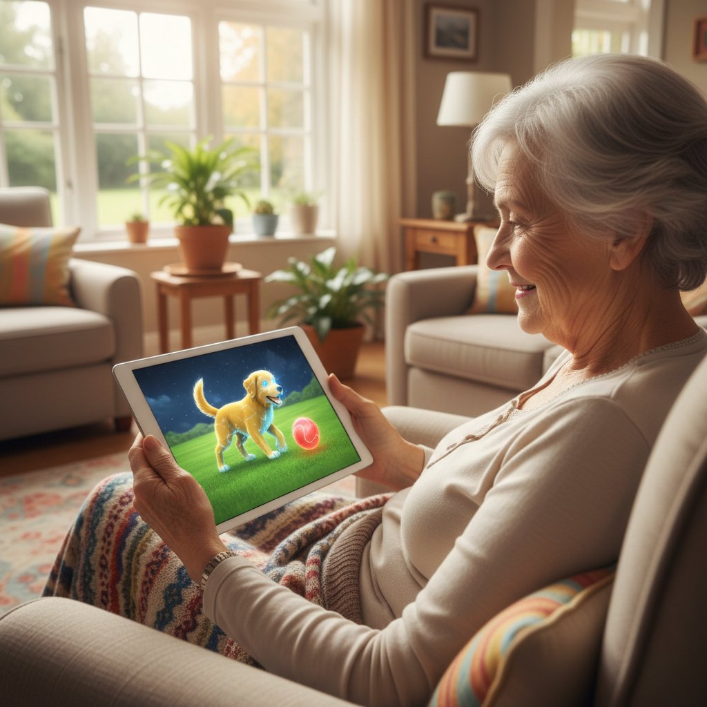 Starsza kobieta rozmawiająca z pieskiem AI na tablecie, jasny salon, uśmiech