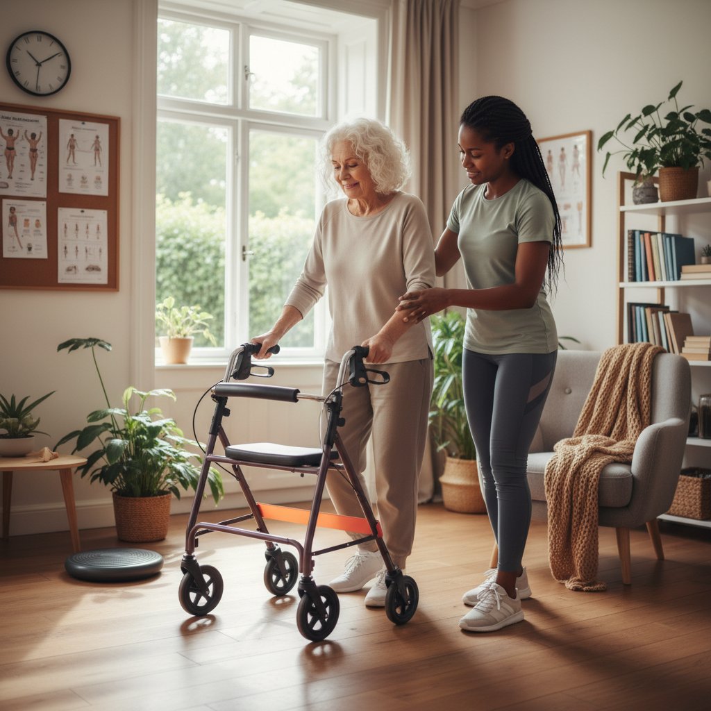 Starsza kobieta ćwicząca z balkonikiem w swoim pokoju, wspierana przez opiekunkę