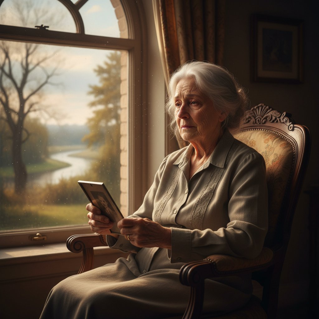 Starsza kobieta patrząca przez okno, światło popołudniowe, fotografia gruzińska, symbolizująca samotność i refleksję na temat starości w Polsce