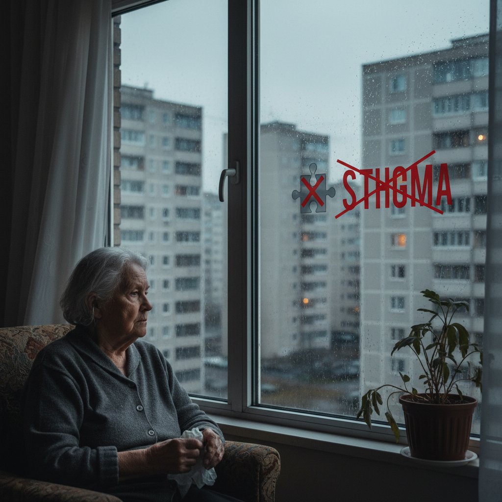 Starsza kobieta patrząca przez okno w bloku — samotność, lęk i tabu wokół psychoterapii w Polsce