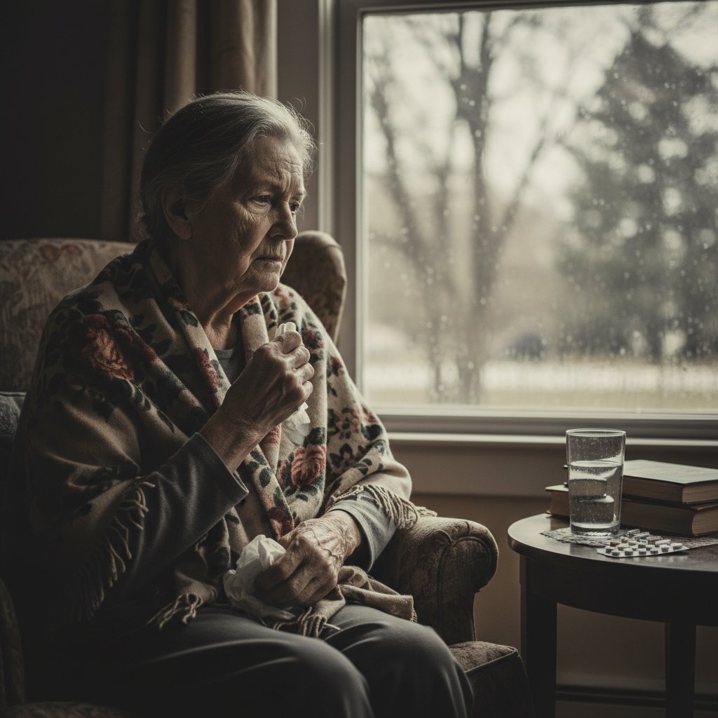 Starsza kobieta patrząca w okno, wyraźnie przygnębiona, co symbolizuje nietypowe objawy i smutek związany z diagnozą
