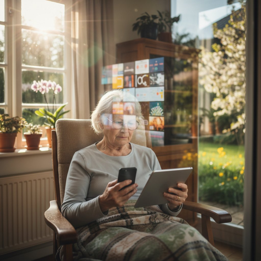Starsza kobieta patrząca w okno, tablet i telefon na stole, refleksja nad prywatnością