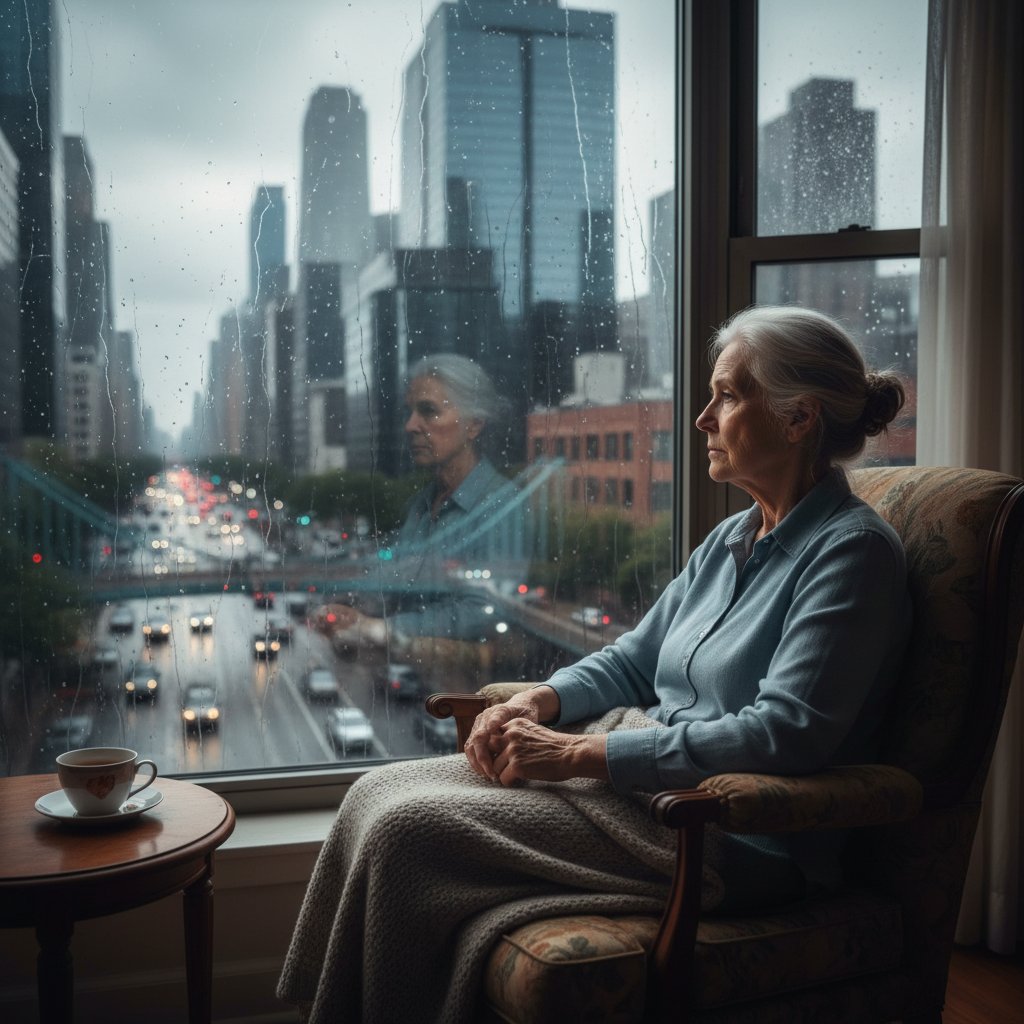 Eine Seniorin blickt nachdenklich aus dem Fenster – Symbolbild für Einsamkeit im Alter.