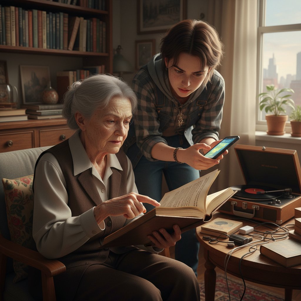 Starsza kobieta i młody dorosły przy stole, symbolizujący przekaz mądrości między pokoleniami, książka i smartfon na stole