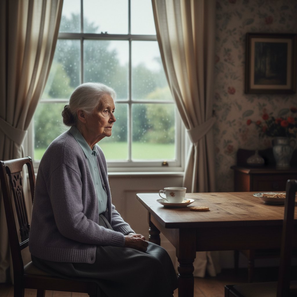 Starsza kobieta samotnie przy stole patrzy przez okno