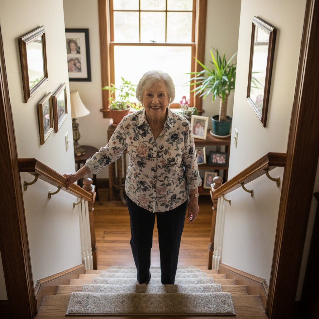 Starsza kobieta wchodzi po schodach bez trudności