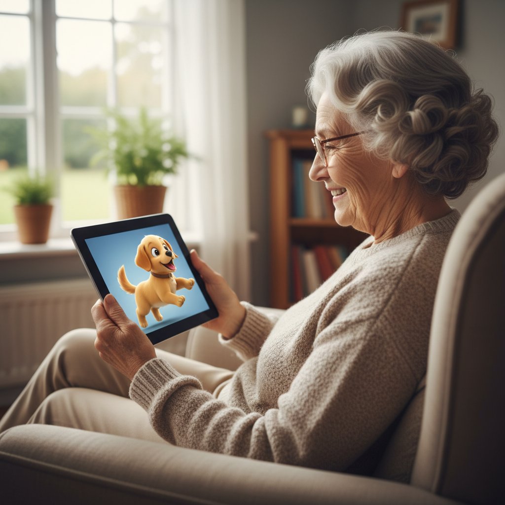 Starsza kobieta korzystająca z tabletu, na ekranie radosny wirtualny pies, w tle spokojna atmosfera domowa