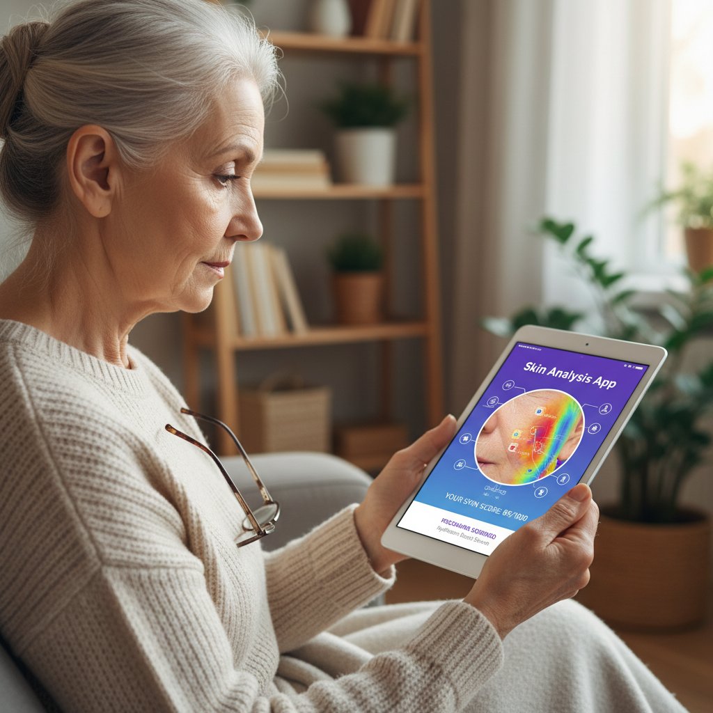 Starsza kobieta w okularach korzysta z aplikacji zdrowotnej na tablecie, spokojna atmosfera domu