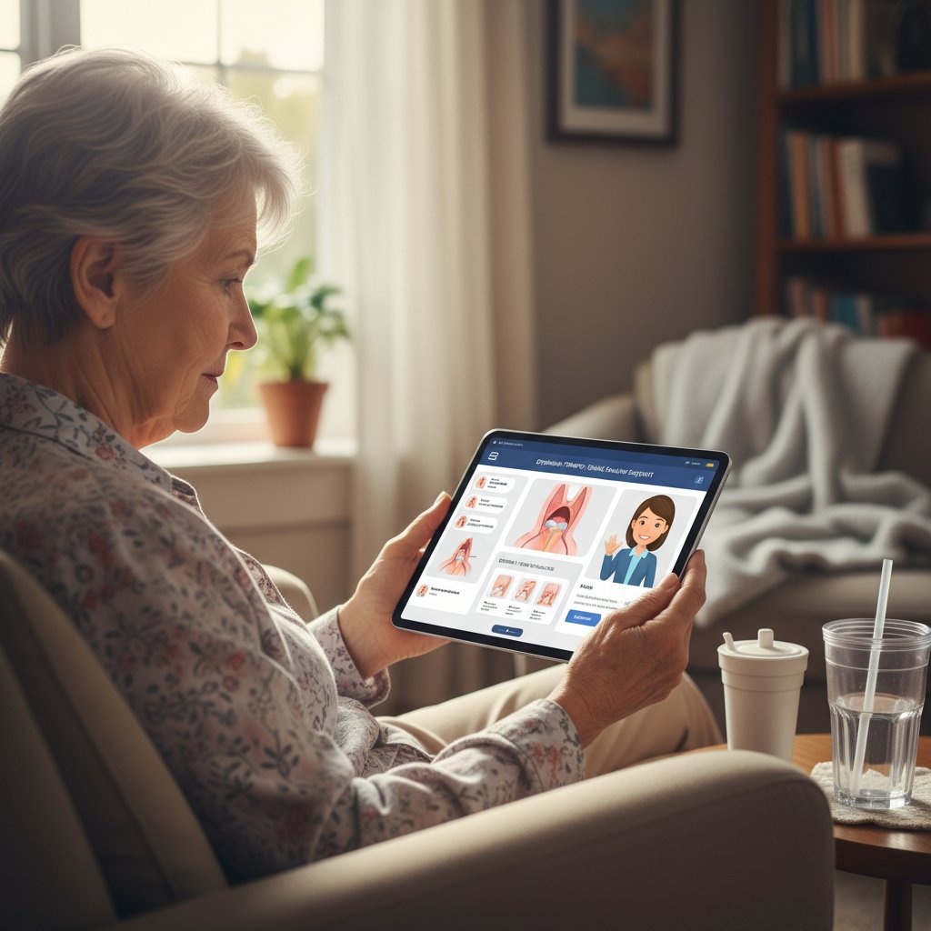 Starsza kobieta korzystająca z tabletu, wsparcie cyfrowe dla osób z zaburzeniami połykania, technologia w zdrowiu
