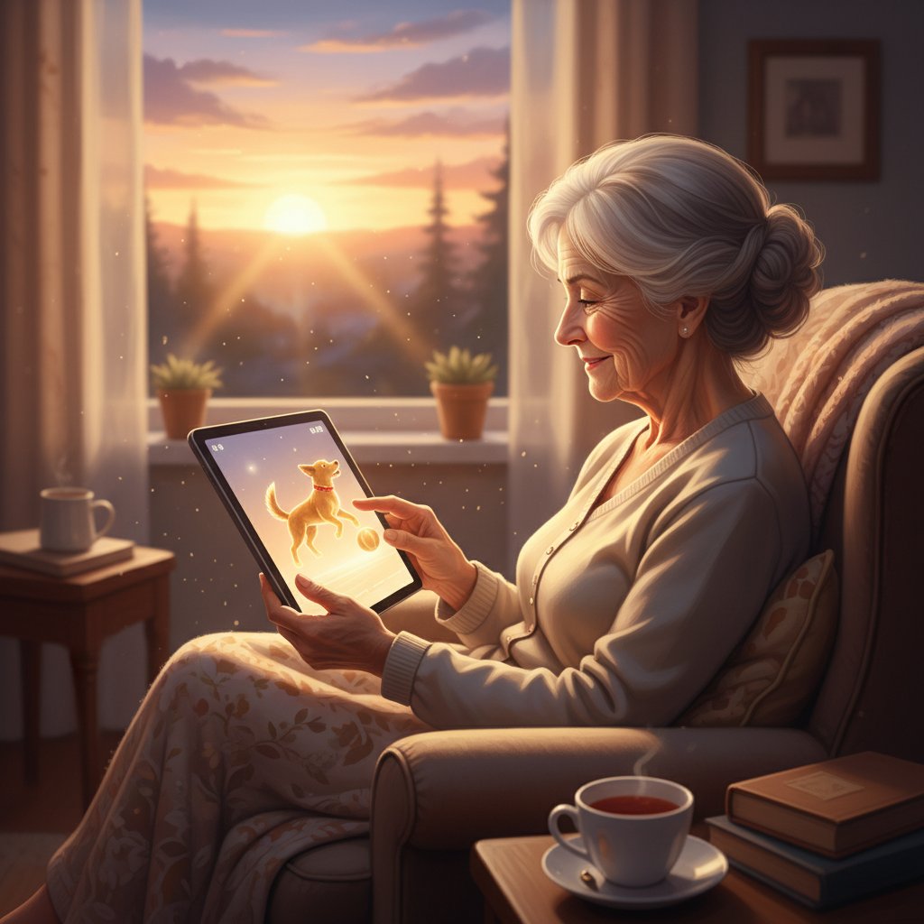 Starsza kobieta korzystająca z tabletu z wirtualnym psem, wieczorne światło