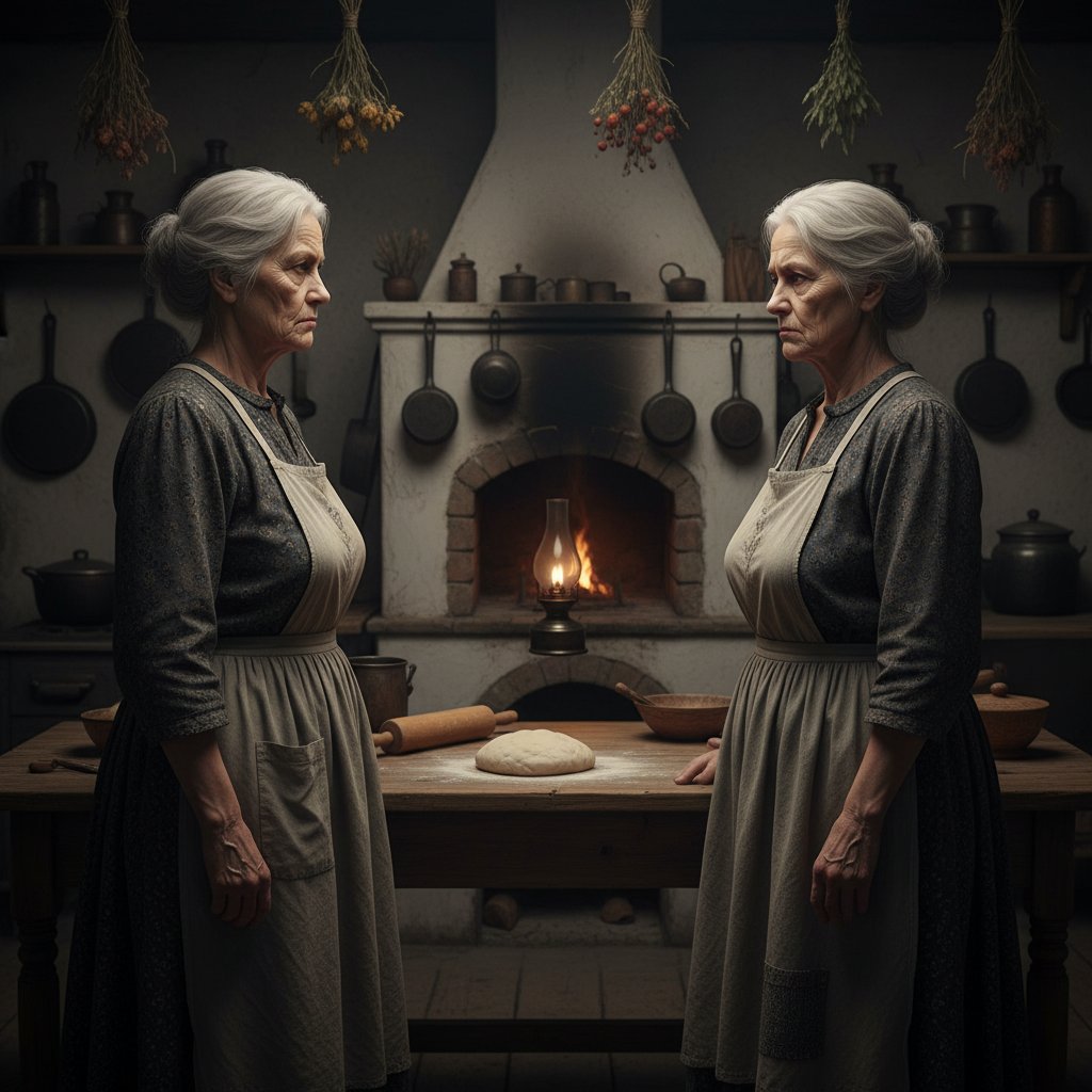 Starsze kobiety rozmawiające przy kuchennym stole, atmosfera napięcia, temat tabu menopauzy