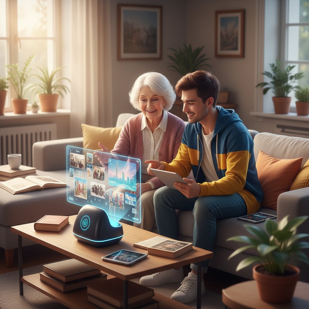 Starsza osoba i młody użytkownik rozmawiający z AI na wspólnej kanapie – przełamywanie barier pokoleniowych