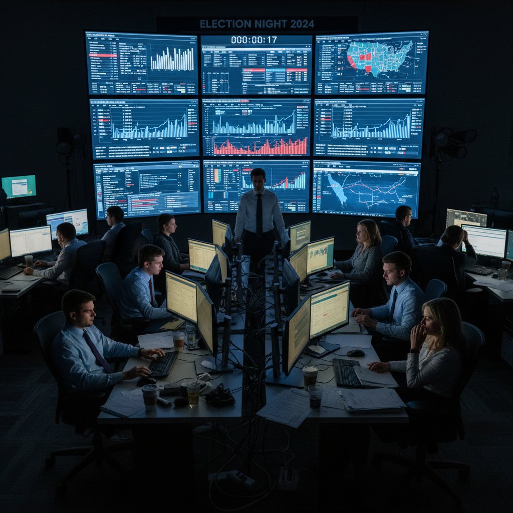 Sala sztabowa podczas wyborów, zespół analizuje dane na ekranach, atmosfera napięcia