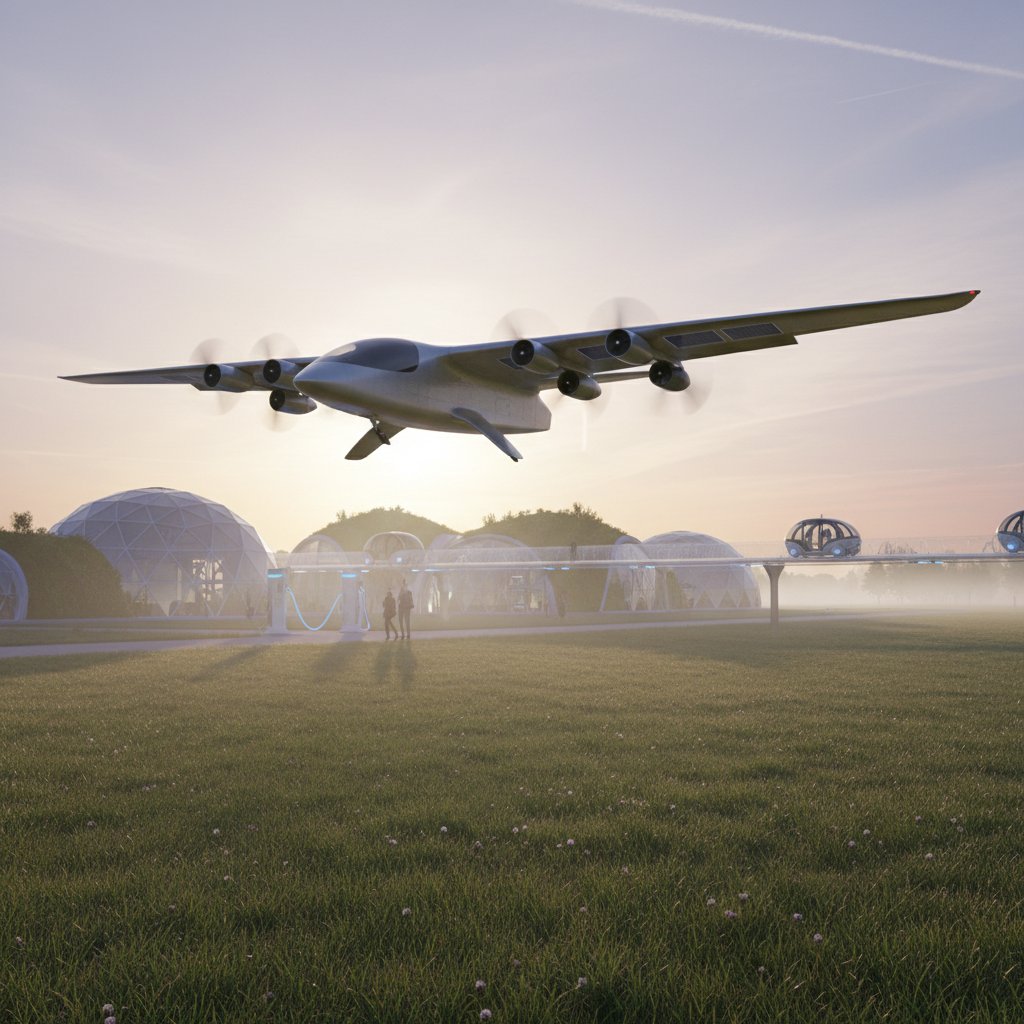 Electric aircraft ready for eco-friendly commuter flight. Sunrise, clean tech vibe, regional runway.