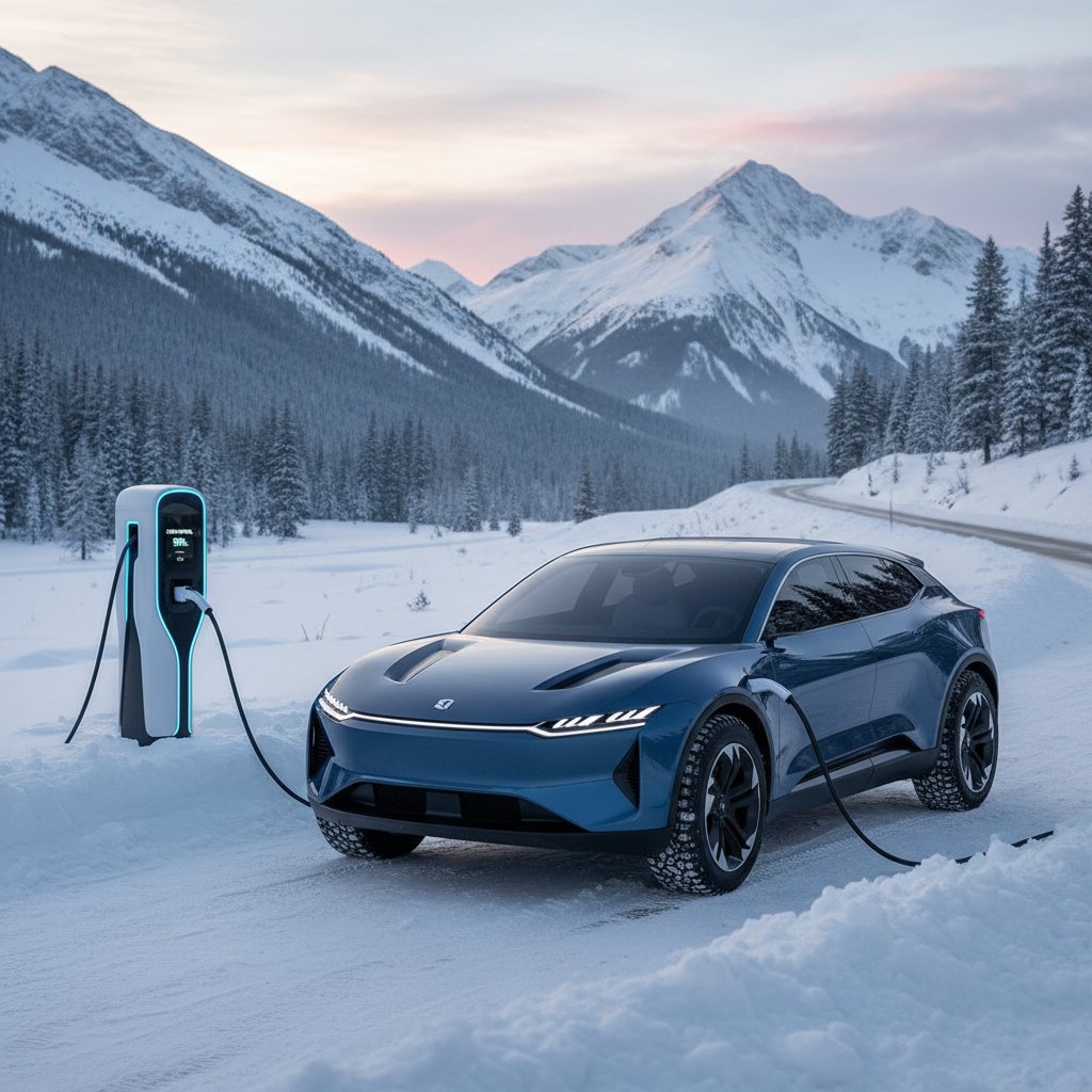 Electric AWD crossover charging in a snowy landscape, symbolizing the merger of electrification and all wheel drive
