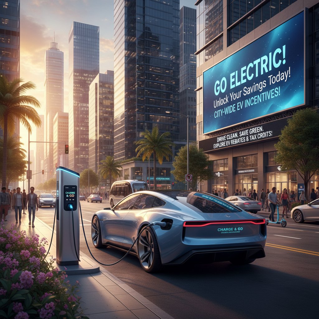 Electric car charging at a city station, urban setting, vibrant colors, EV incentives, car buying incentives near me