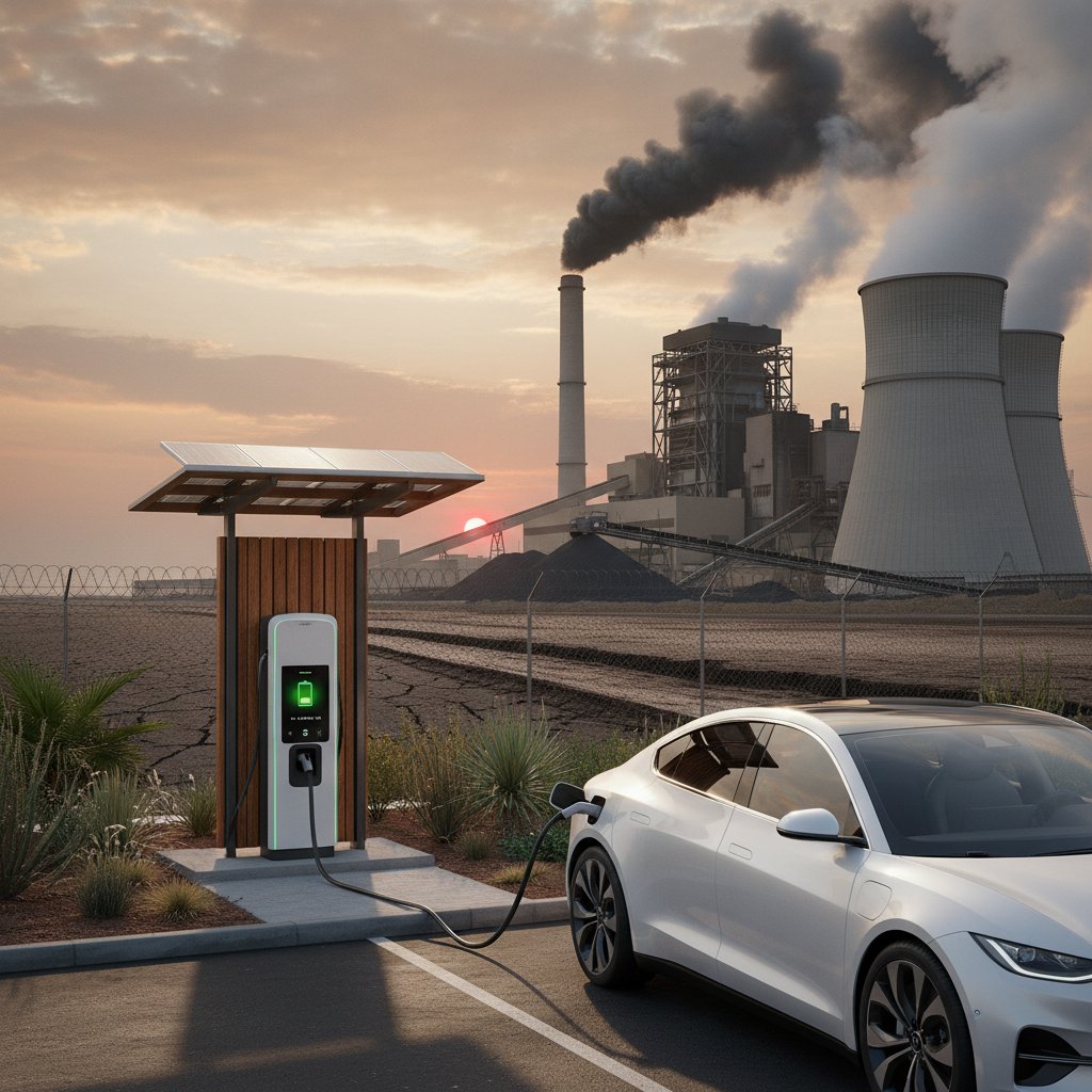 Photo of an electric car charging at a public station powered by a coal-fired power plant in the background