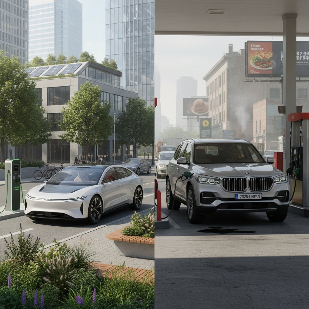 Electric and gas-powered cars compared in city environment, diverse 2025 models side by side, urban background