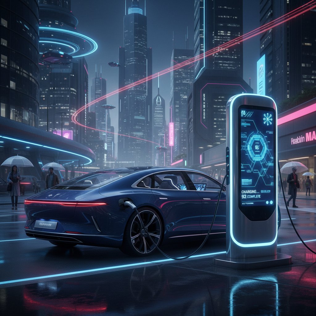 Futuristic electric luxury car at city charging station, AI interfaces, night, urban, best luxury car deals