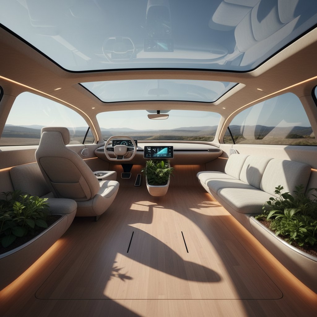 Electric sedan’s interior with flat floor, showcasing increased space and futuristic design