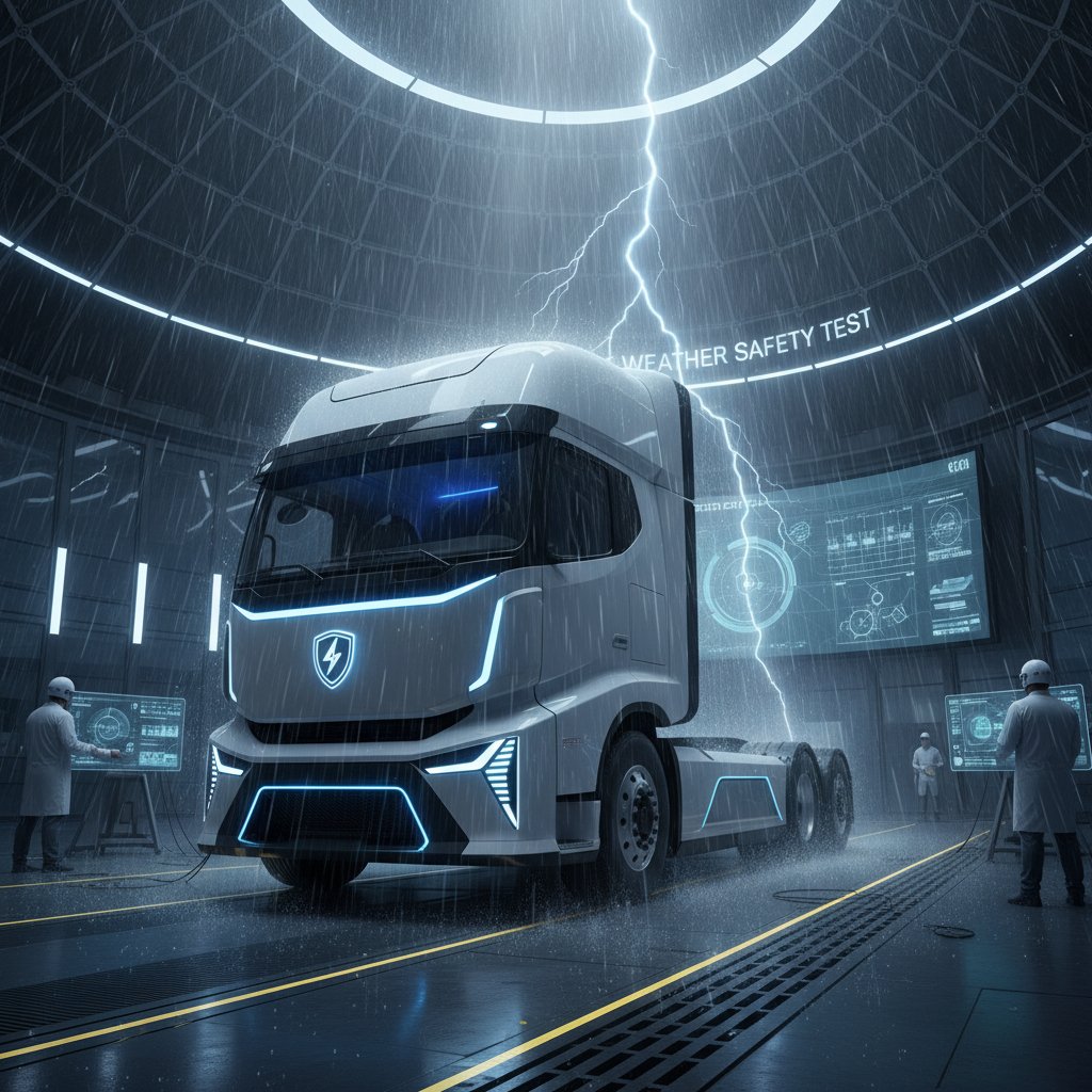 Electric semi-truck under extreme weather test, rain and wind, futuristic test facility, truck safety