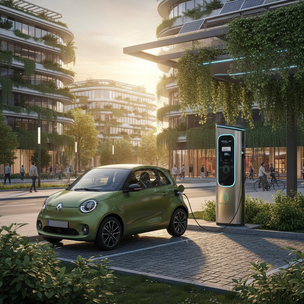 A compact electric vehicle plugged into a city charging station, surrounded by modern architecture and greenery; the electric wildcard for small car efficiency