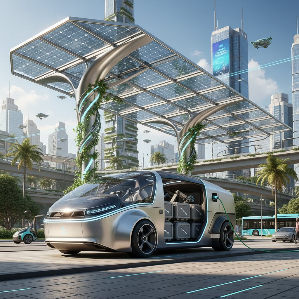 Electric specialty vehicle at solar charging station, cityscape, 2025.