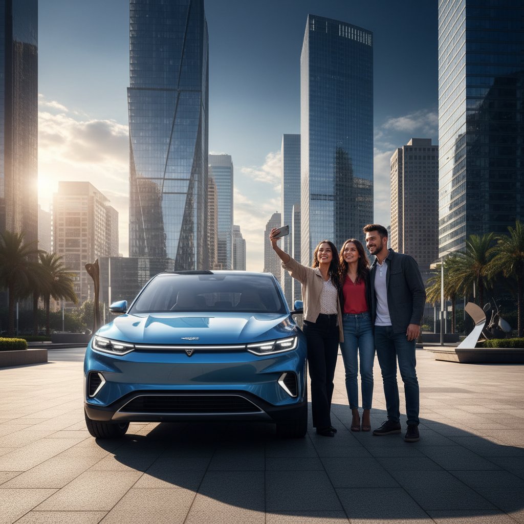 Electric SUV parked with city skyline, people taking selfies in urban plaza, aspirational mood, high contrast