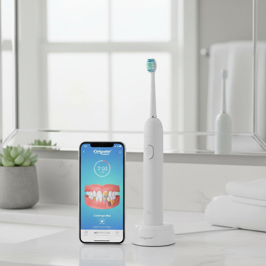 Nowoczesna szczoteczka elektryczna z aplikacją mobilną na tle łazienki