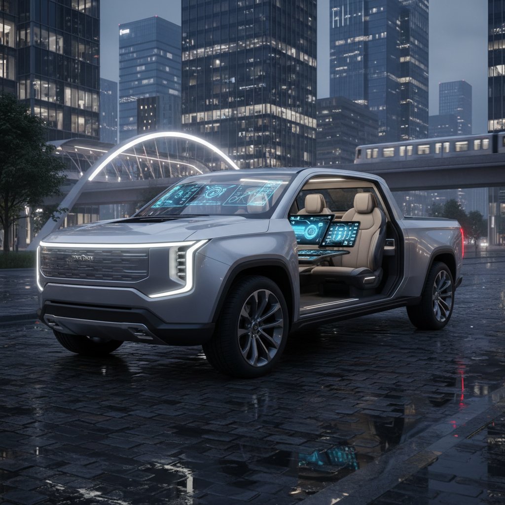 Electric truck with spacious, high-tech crew cab interior in urban setting