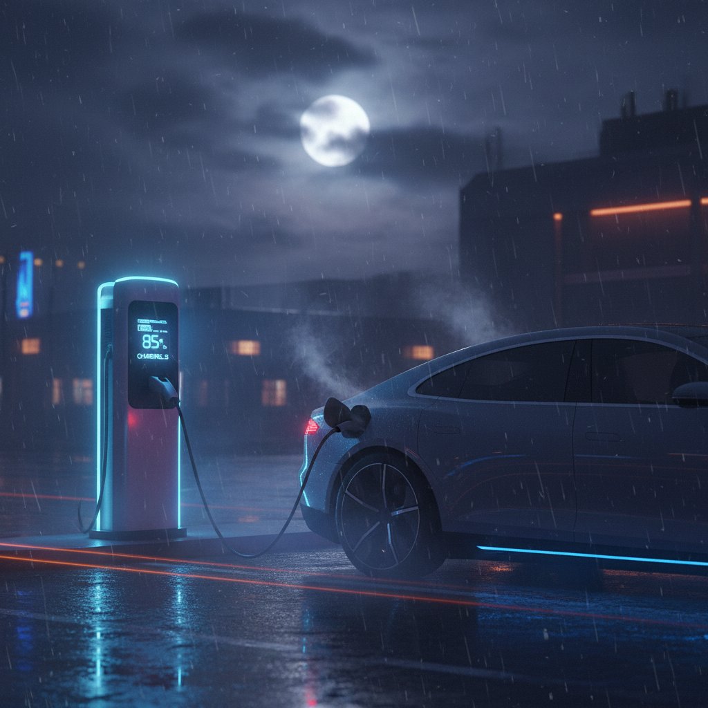Moody nighttime photo of an electric vehicle at a remote charging station under dramatic lighting