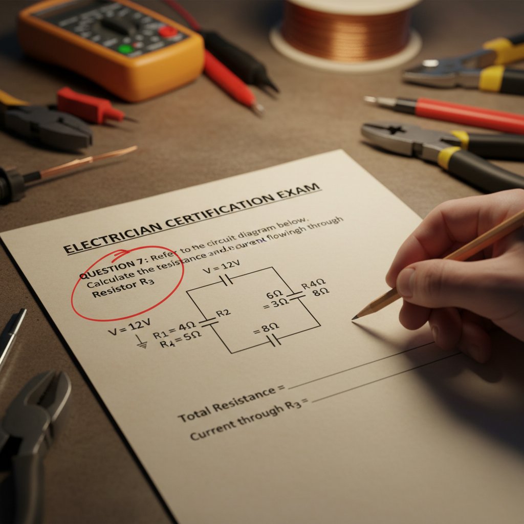 Elektryk rozwiązujący test egzaminacyjny, skupiony, arkusz na biurku