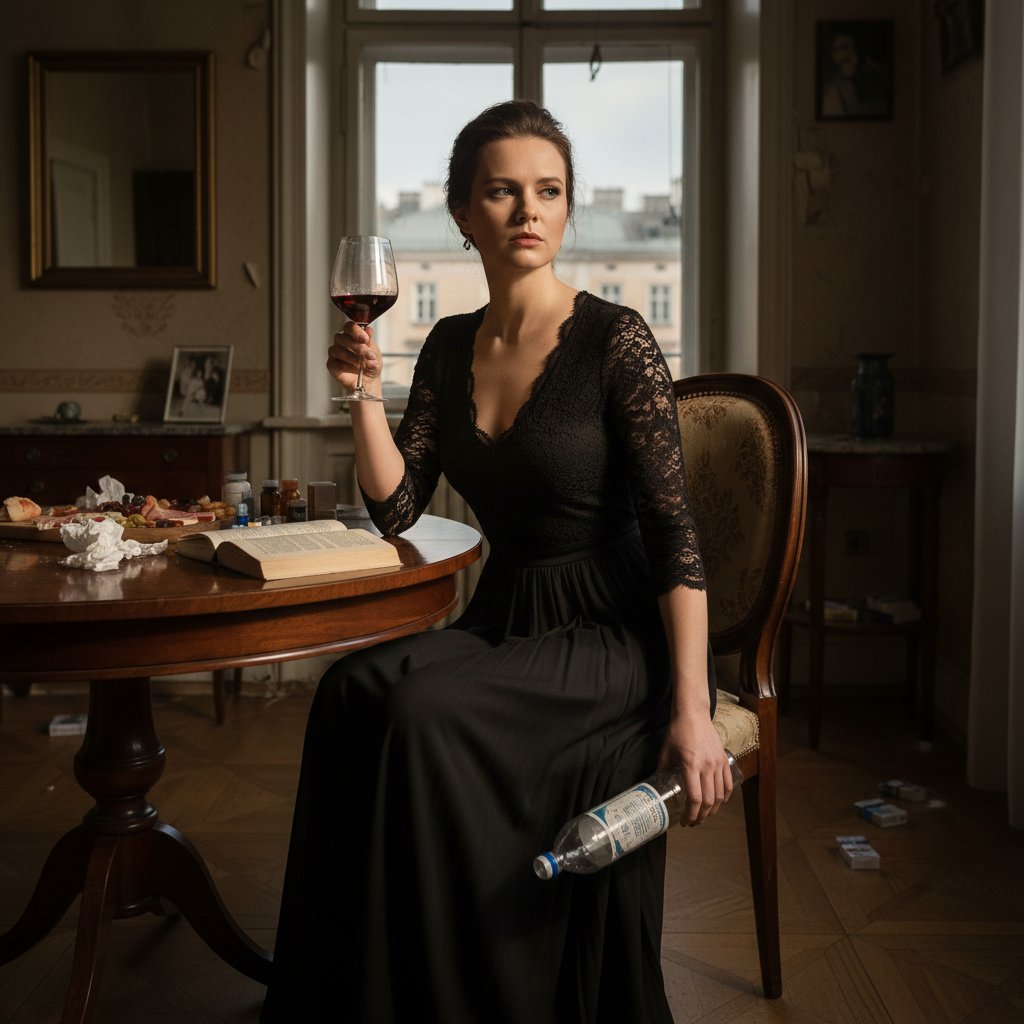 Elegancka kobieta z kieliszkiem wina, skryte uzależnienie od alkoholu, polskie realia