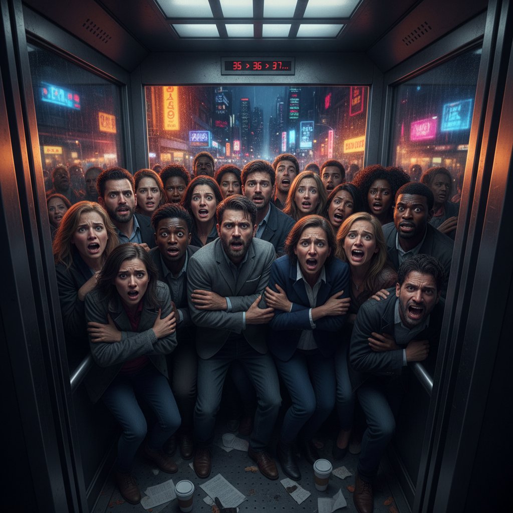 Grupa ludzi w zatłoczonej windzie – napięcie, niepokój, klaustrofobia