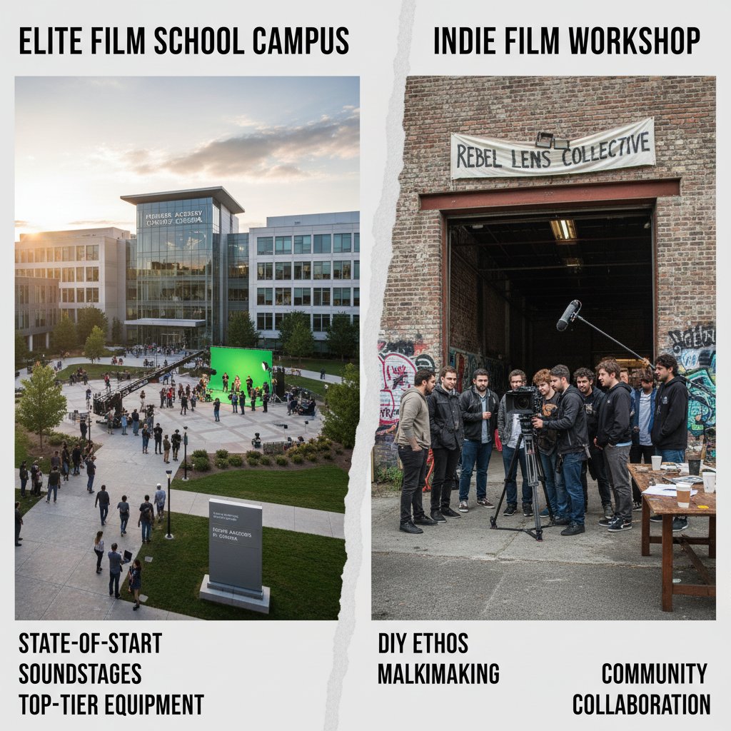 Split-screen photo: one side an elite, grand film school campus, the other a gritty indie workshop