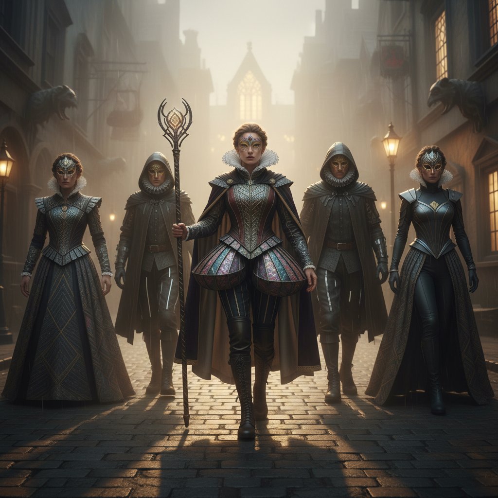 Shakespeare adaptation blending period and modern costumes on foggy cinematic street