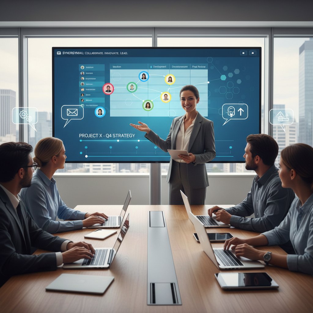 A confident enterprise leader strategizing with their team, empowered by effective email collaboration tools