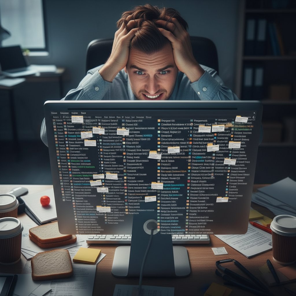 Zdjęcie monitora z otwartymi folderami emaili, biuro, osoba z lekkim rozdrażnieniem