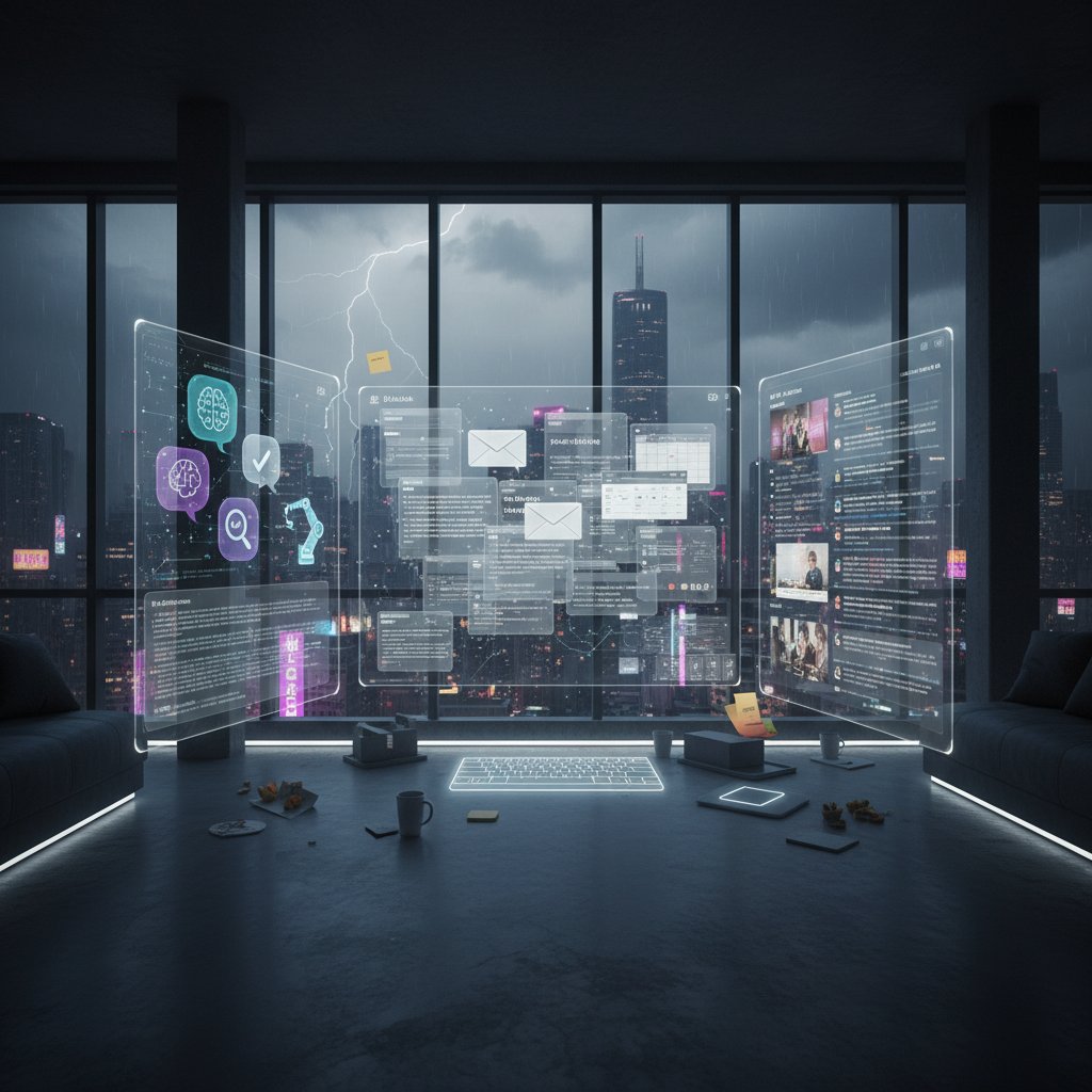 A digital workspace cluttered with overlapping email windows and AI icons, a lone silhouette lost in digital chaos, representing email productivity struggles