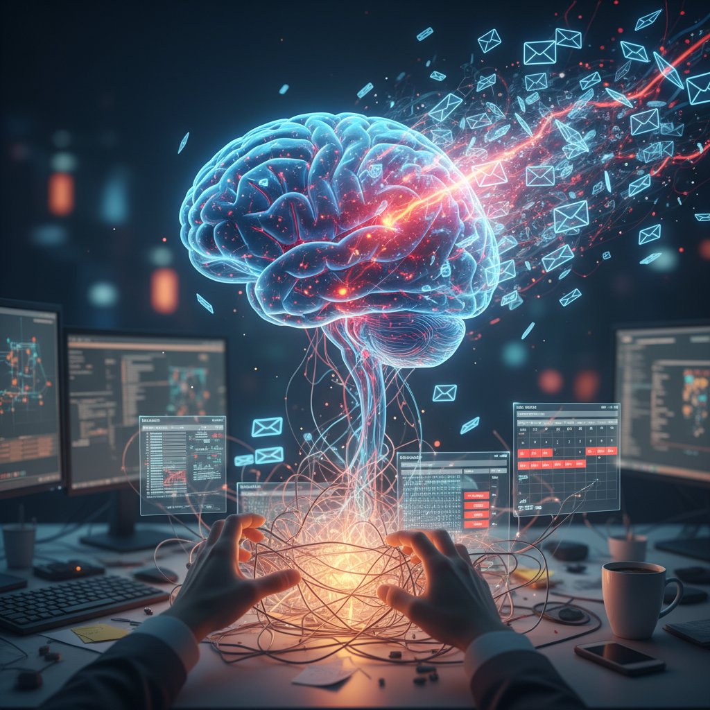 Overwhelmed brain entangled by chaotic emails, symbolizing email overload and productivity loss