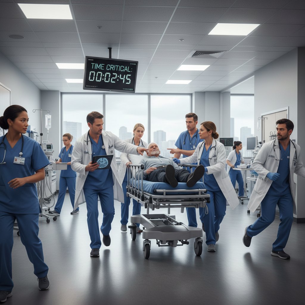 Zdjęcie szpitalnego oddziału ratunkowego z personelem w ruchu – ilustracja walki z czasem przy udarze