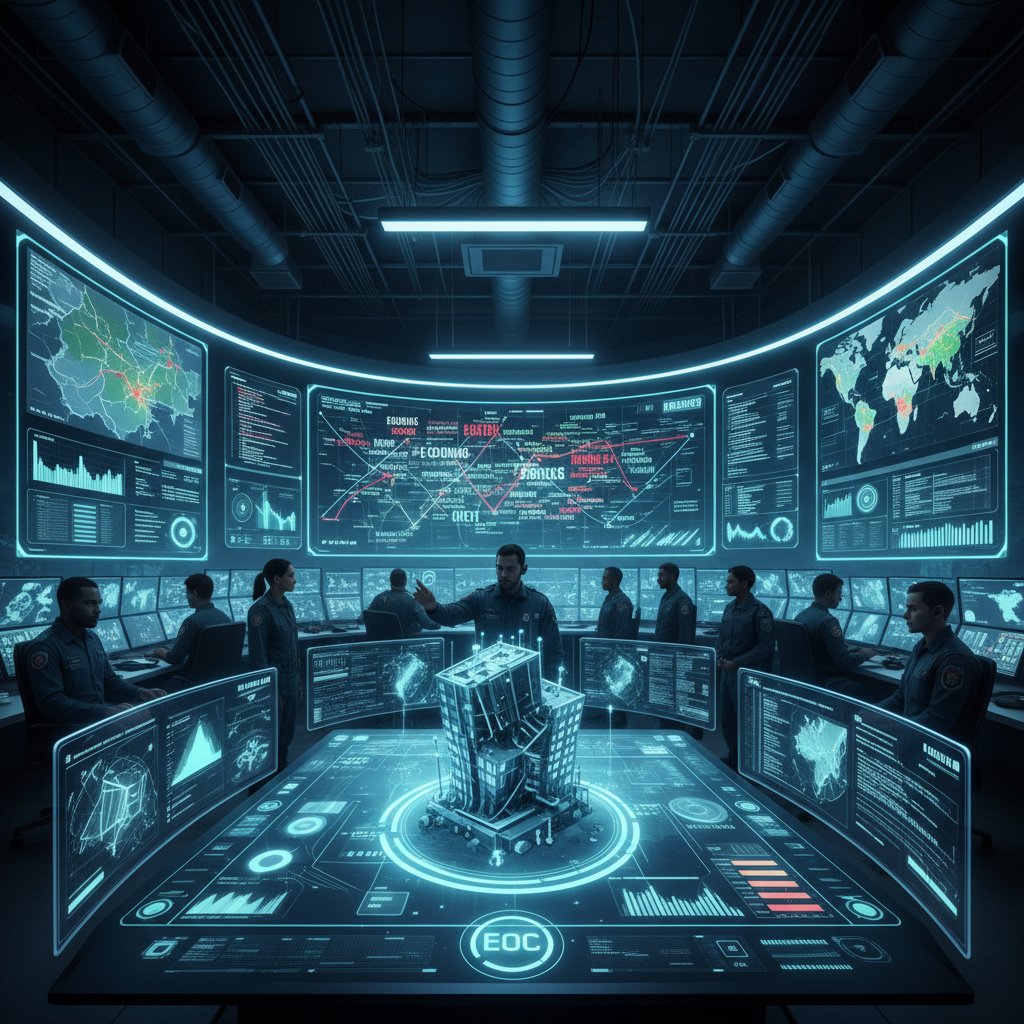 Emergency operations center with AI-driven dashboards, high tension, disaster response with text analytics